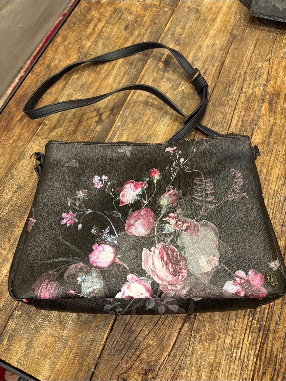 Elliott Lucca Black Crossbody with Pink Floral Bouquet
